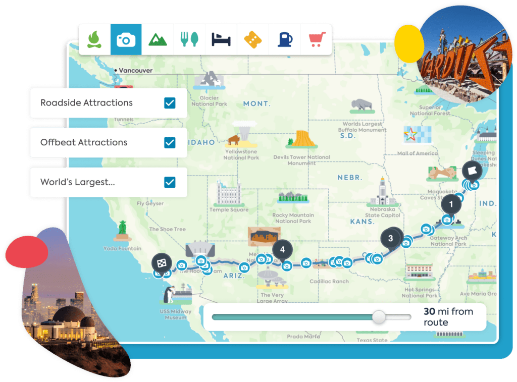 A Roadtrippers map showing sights and attractions highlighted