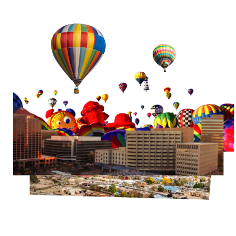 A collage of Albuquerque with hot air balloons in the sky